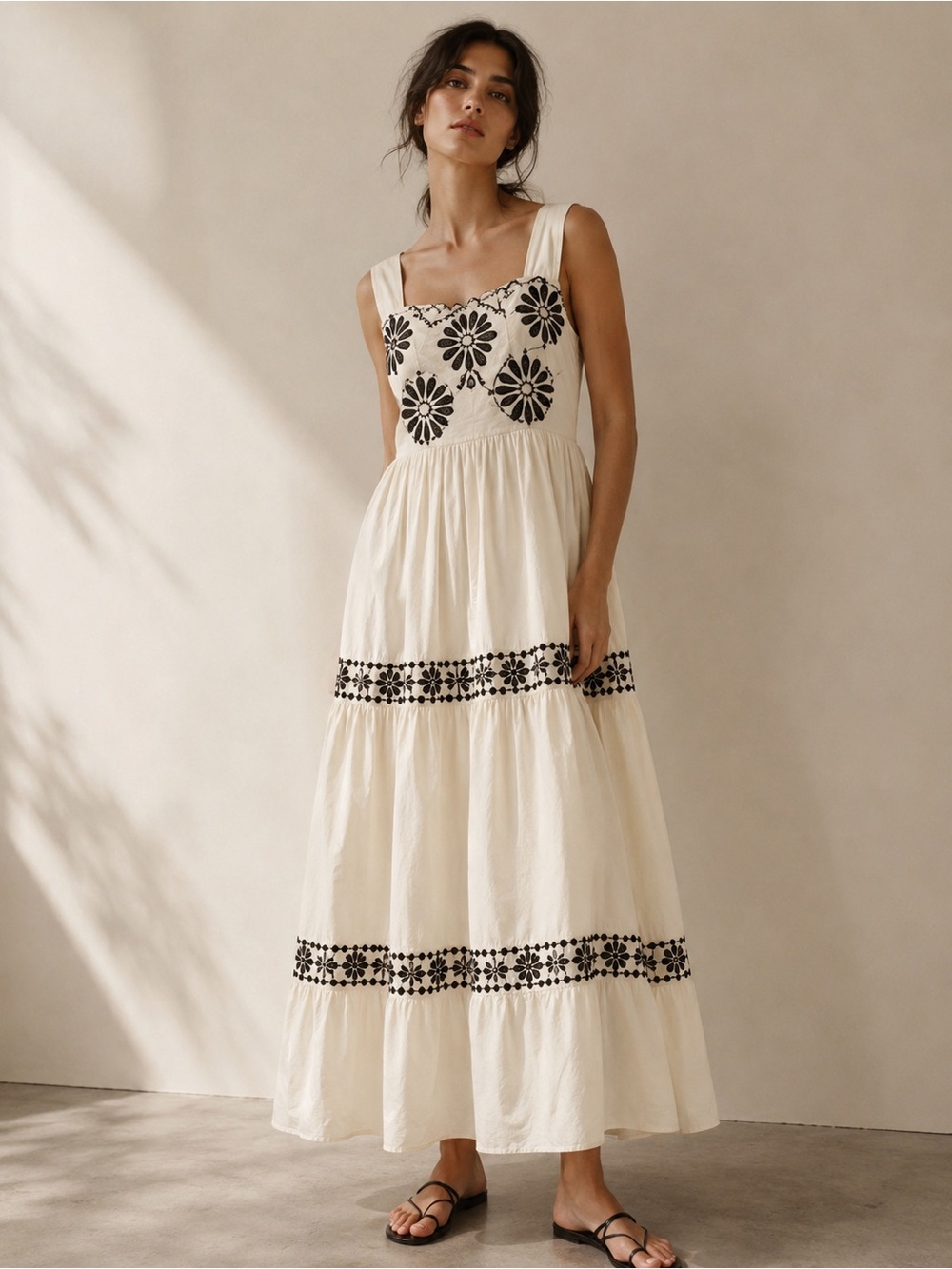 Women's Ivory Maxi Dress with Black Floral Embroidery